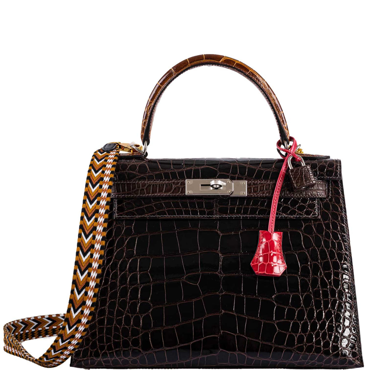 Hermes Kelly 28 Sellier Macassar, Ebene, Miel and Rose Extreme Alligator Palladium Hardware - 2021, Z