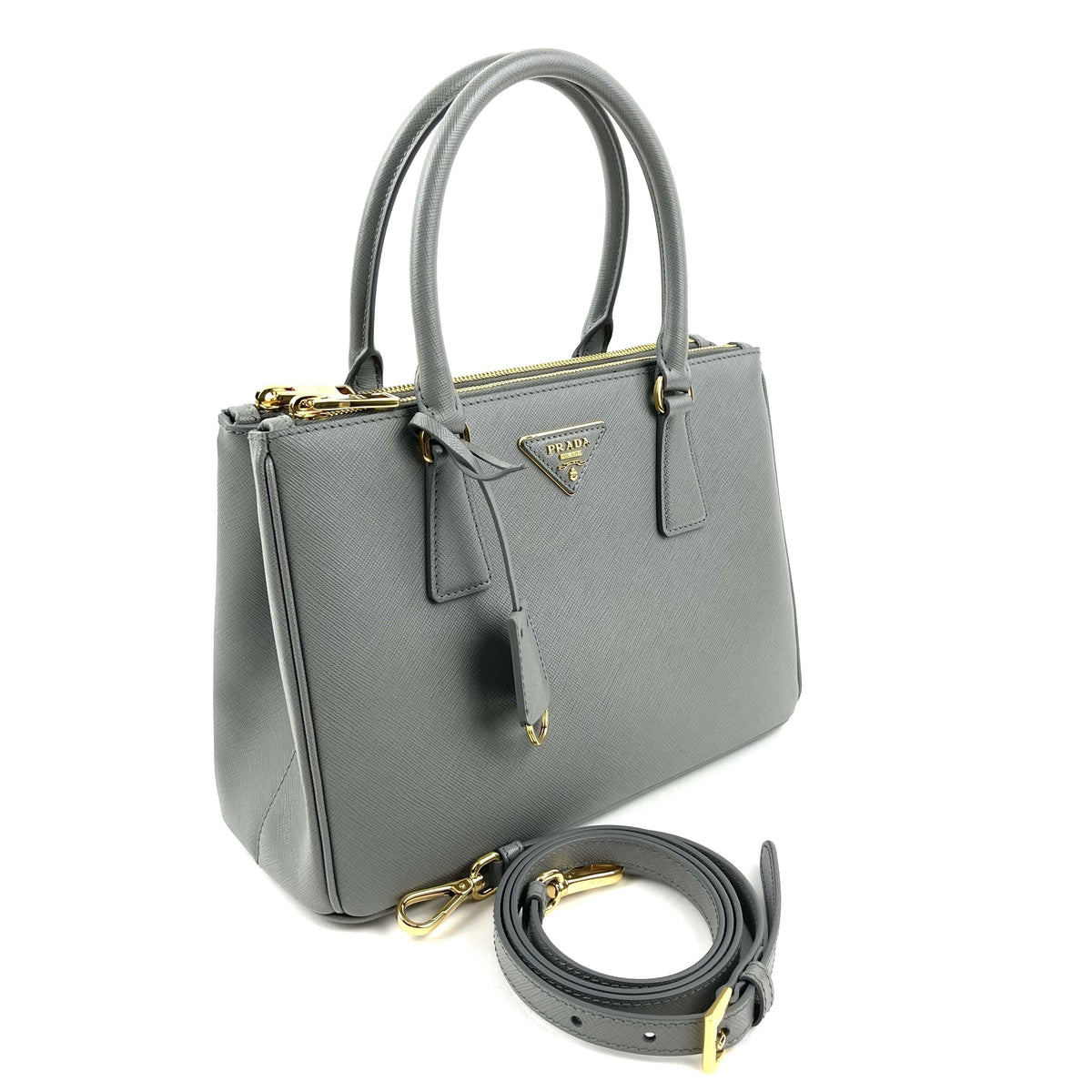 PRADA Small Saffiano Cuir Tote w/Strap - Grey