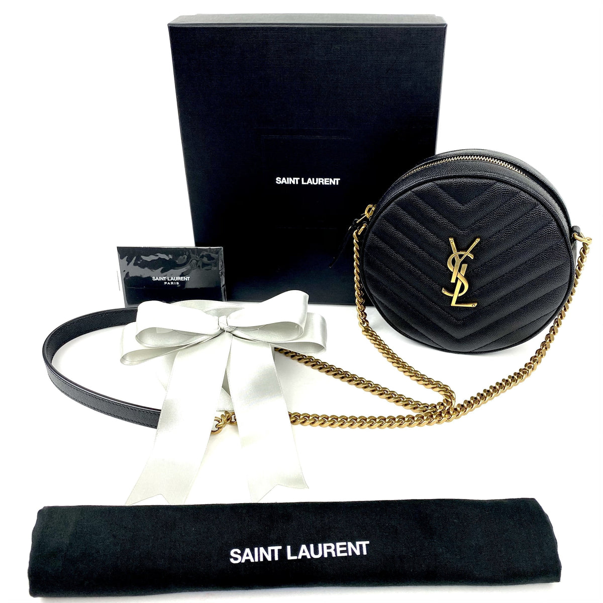 SAINT LAURENT Vinyle YSL Round Quilted Grain de Poudre Crossbody Bag