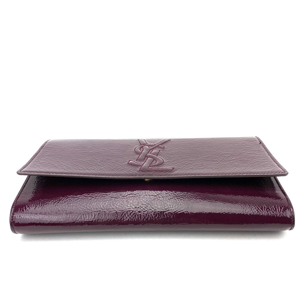 SAINT LAURENT Textured Patent Monogram Large Belle De Jour Clutch Burgundy