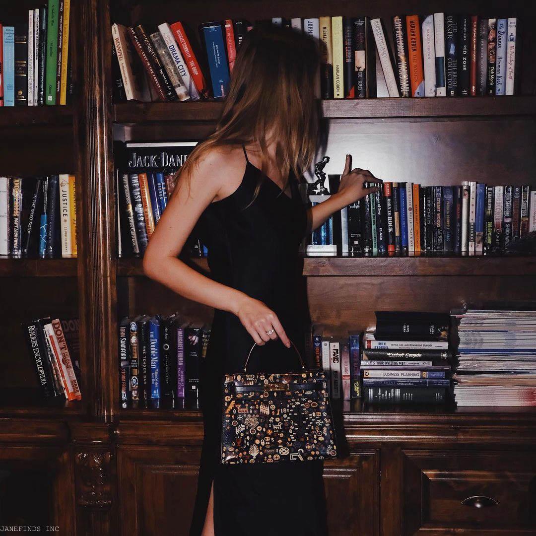 Vintage Hermes Kelly 28 Sellier Black Box Painted "Qashqai" Design with Gold Hardware